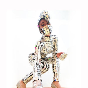 Sparkly Silver Sequins Femmes Combinaison Miroir Complet Leggings Prom Célébrer Tenue Performance Vêtements