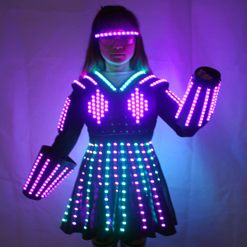 LED Robot Suit Costume Laser Glove Canvas Fashion Glowing Wedding Dress Clothes Luminous Headwear Short Skirt