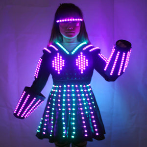 LED Robot Suit Costume Laser Glove Canvas Fashion Glowing Wedding Dress Abbigliamento Luminoso Headwear Short Skirt
