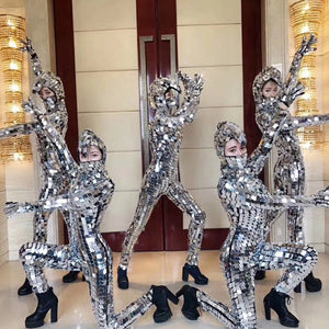 Sparkly Silver Sequins Femmes Combinaison Miroir Complet Leggings Prom Célébrer Tenue Performance Vêtements
