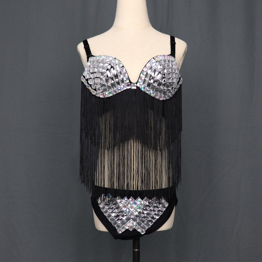 Bikini Rhinestone Mirror Costume Shiny Lens Bra Pant Sexy GOGO Dance Rave  Clothes Stage Dress – temlaser