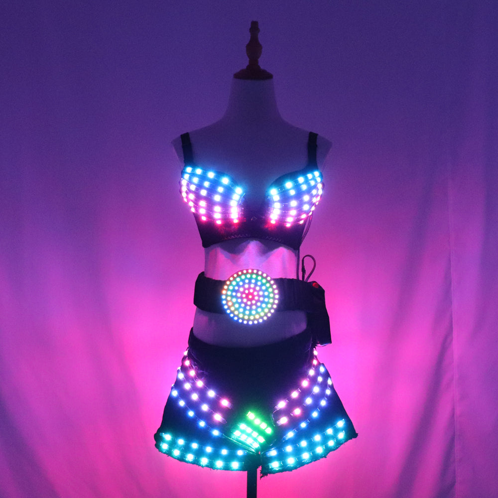 Full Color Led Luminous Light Party Skirt Sexy Girl Led Light Up Costumes with Led Belt Ballroom Dance Outfit DJ DS Bra Suit