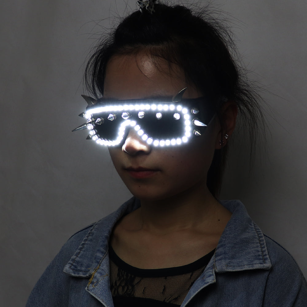 Occhiali a LED Rivetto Punk Occhiali Forniture per feste Puntelli da ballo Costumi da palcoscenico Illuminazione di Halloween Guanti a LED