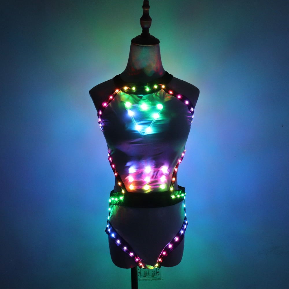Full Color LED Light Club Dresses LED Sexy Bikini Bra Glow Dance Bar Nightclub GOGO Singer Performance Costume