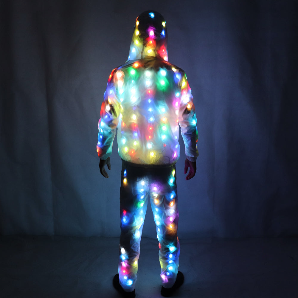 Unisex LED Flash Light Up Rave Jacket Sport Outwear Party Costume Fancy Long Sleeve Zipper Hooded Pocket Glowing Clothes