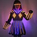 Carica l&#39;immagine nel visualizzatore di Gallery, LED Robot Suit Costume Laser Glove Canvas Fashion Glowing Wedding Dress Abbigliamento Luminoso Headwear Short Skirt
