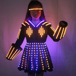 LED Robot Suit Costume Laser Glove Canvas Fashion Glowing Wedding Dress Abbigliamento Luminoso Headwear Short Skirt