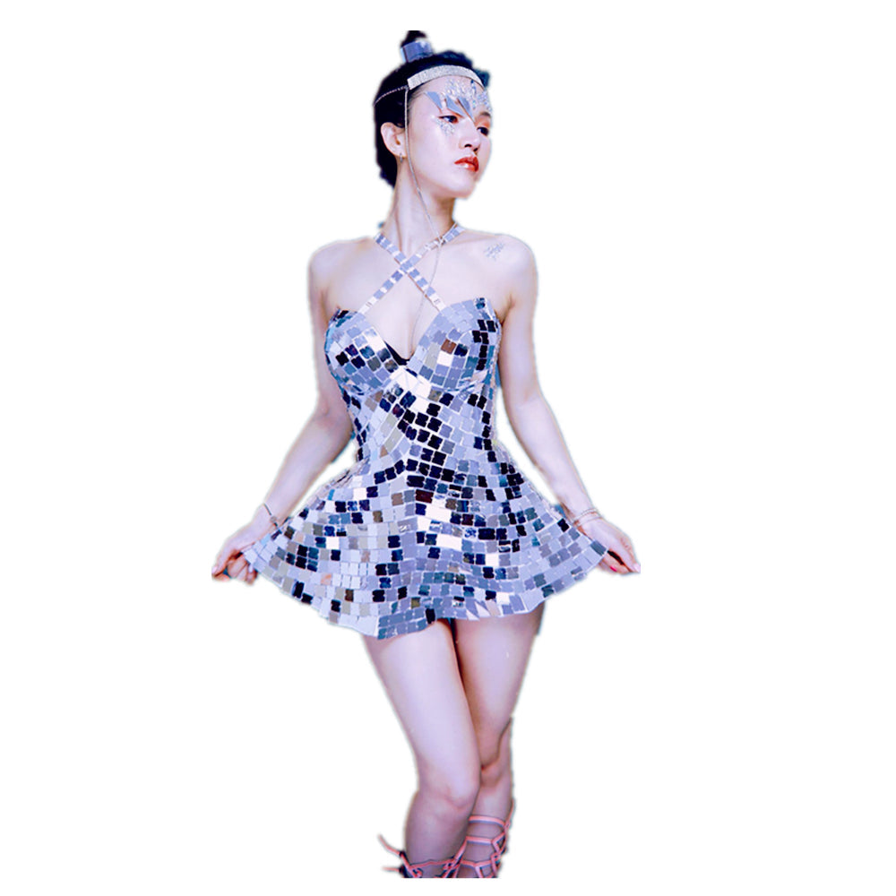 Roupa Feminina Sexy Tanz Kostüm Spiegelkleid Bühnenkleid Performance Wear Nachtclub Kleidung Silber Spiegel Race Kleidung