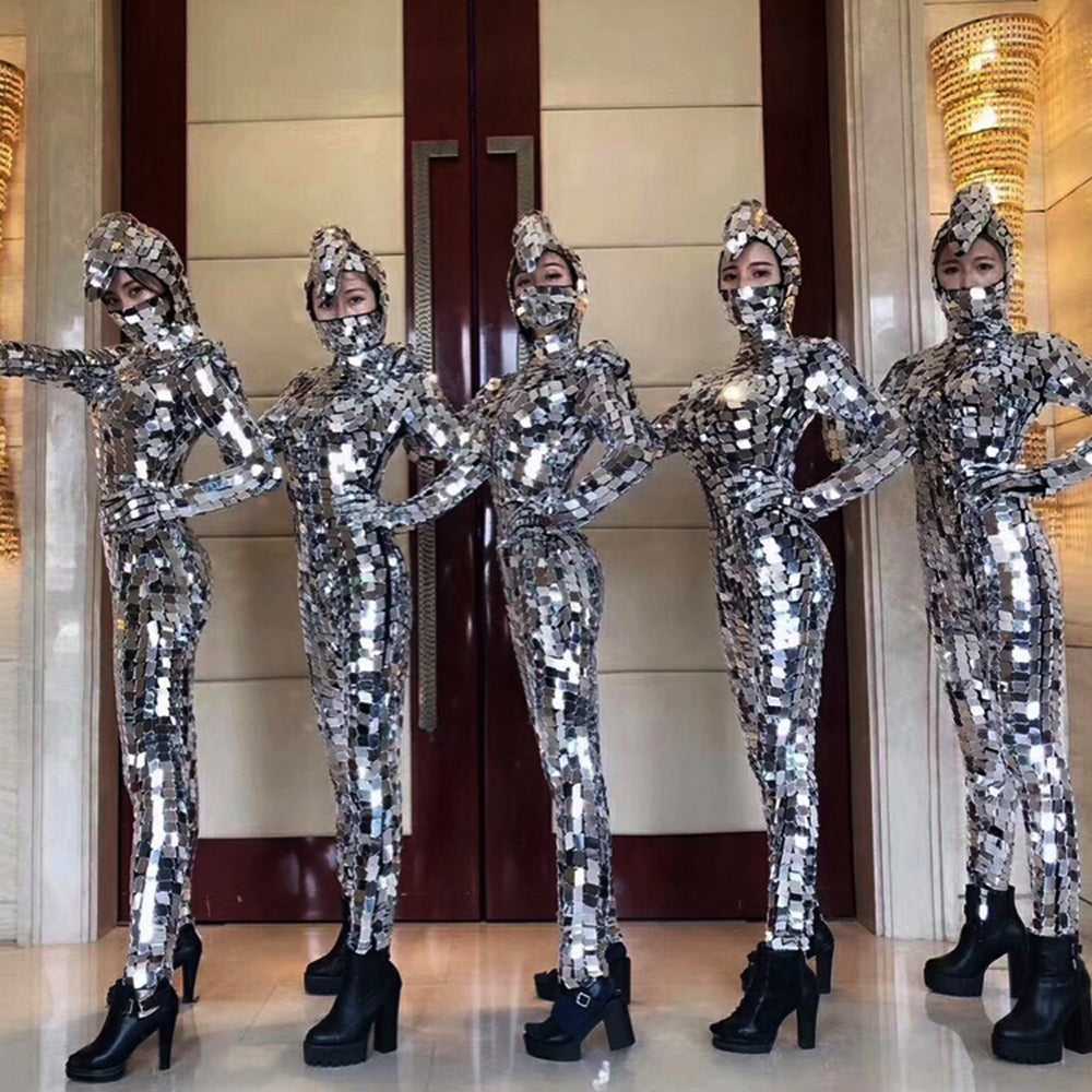Funkelnde Silber Pailletten Frauen Jumpsuit voller Spiegel Leggings Prom feiern Outfit Performance Kleidung