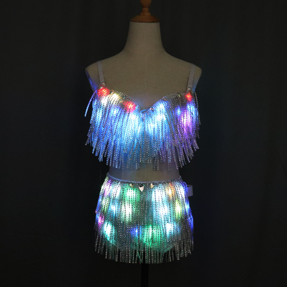 Ropa LED Brillante Sujetador Pantalones cortos Moda Trajes luminosos Cinturón Mostrar Mujeres Reflectante Sujetador con borlas Vientre Bailarina Vestido Accesorio