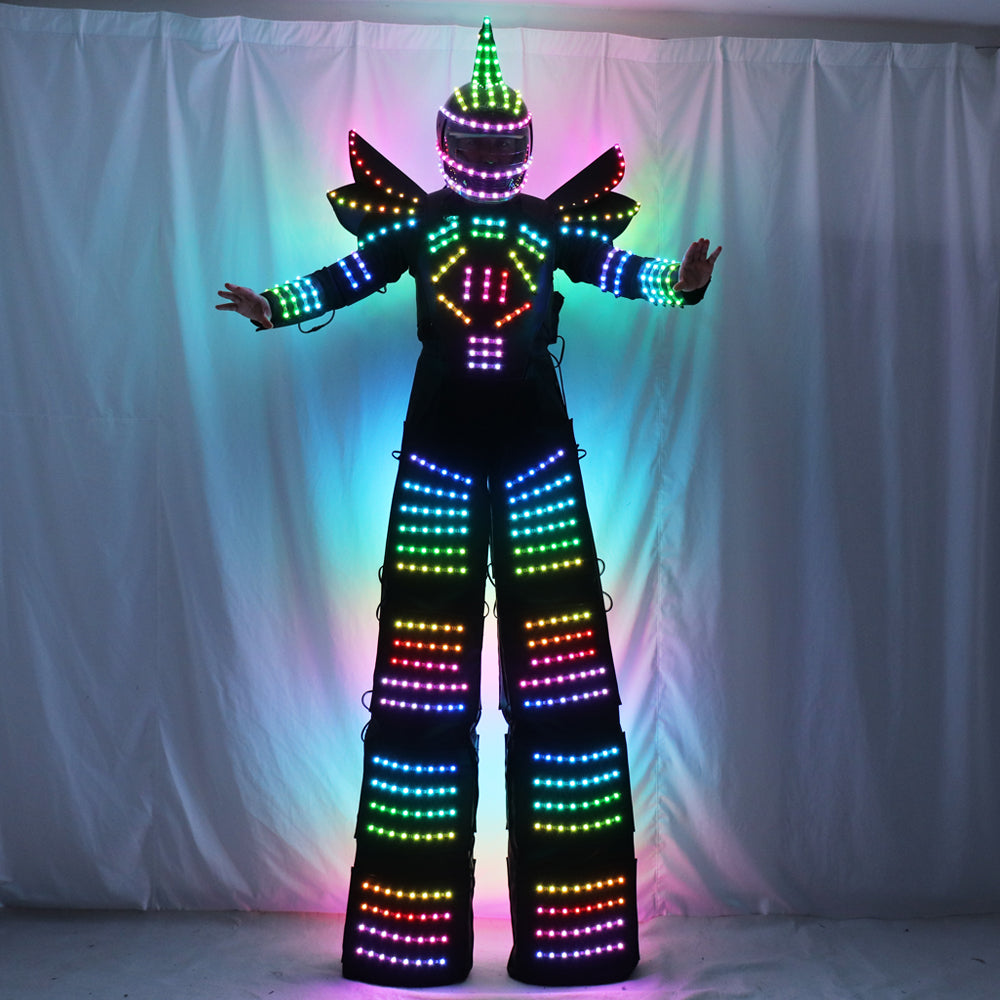 Traje de robot de píxel LED a todo color Ropa Zancos Traje de caminante Traje de traje LED Casco Guantes láser
