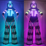 Carica l&#39;immagine nel visualizzatore di Gallery, Costume luminoso colorato a LED RGB con casco a LED Abbigliamento LED Vestito da trampolo a led leggero Robot Kryoman David Guetta Robot Dance Wear

