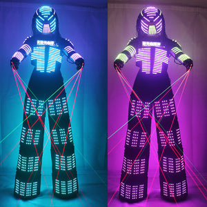 Costume luminoso colorato a LED RGB con casco a LED Abbigliamento LED Vestito da trampolo a led leggero Robot Kryoman David Guetta Robot Dance Wear