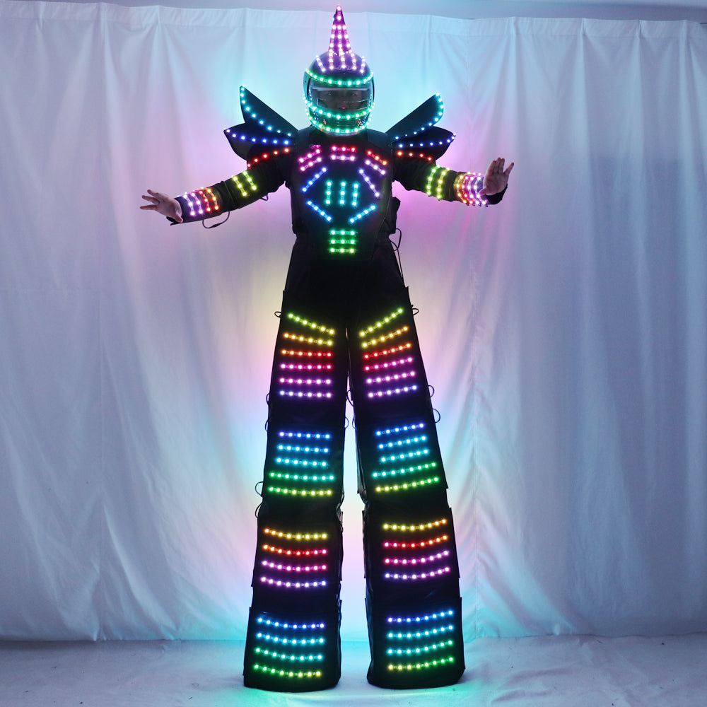 Full Color Pixel LED Robot Costume Clothes Stilts Walker Costume LED Suit Costume Helmet Laser Gloves
